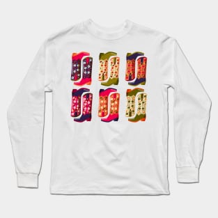 Collection of hand drawn cowboy boots decorated with flowers on pink background. Vibrant and colorful vector illustration. Long Sleeve T-Shirt